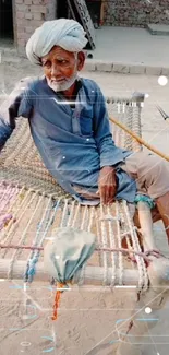 Elderly man relaxing on charpai in rustic setting.