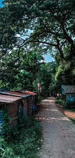 A tranquil rural pathway with lush greenery under a clear sky.