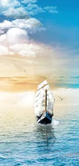 A peaceful sailboat on a sunlit sea with a cloudy sky in the background.