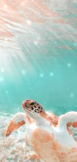 Turtle glides peacefully underwater in vibrant turquoise sea.