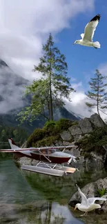 Seaplane on tranquil lake with trees and seagulls in flight.