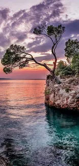 Sunset view over a tranquil seaside rock formation with lush trees.