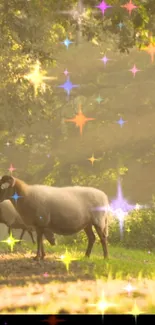 Sheep under a starry sky in a tranquil nature setting.