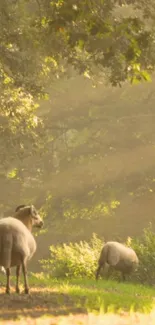 Sheep grazing peacefully in sunlit forest path.