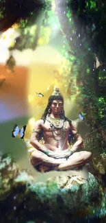 Shiva meditating in forest with butterflies.