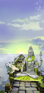 Lord Shiva meditating on a sky path with serene clouds and calm waters.