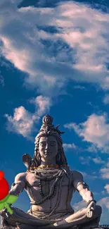 Lord Shiva meditating under a clear blue sky with lush surroundings.