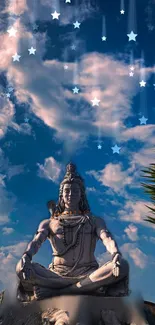 Majestic Shiva statue under a dreamy star-filled night sky with clouds.