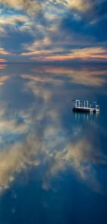 Serene boat floating on a reflective lake under a tranquil sky.