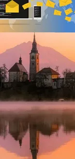 Castle reflecting on calm waters at sunset with peach sky.