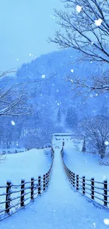 Serene snowy bridge under falling snowflakes in a tranquil winter landscape.