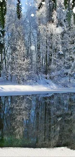 Serene snowy forest with a frozen river under pine trees.