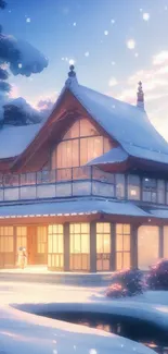 Snowy Japanese house with warm glow in serene winter setting.