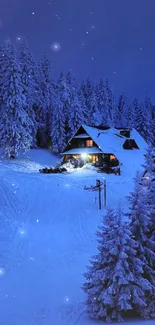 Snowy mountain cabin under a dark blue sky.