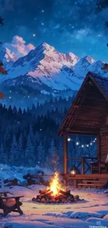 Snowy mountain cabin under a starry sky in winter.