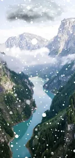 Scenic mountain landscape with a river and falling snow.