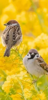 Two sparrows perched among vibrant yellow flowers.