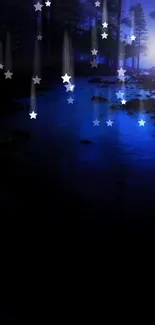 Serene night stream under starry sky with dark blue hues