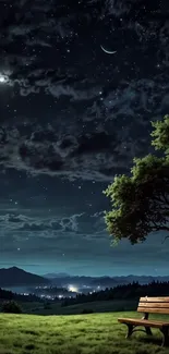 Starry night with tree and bench under moonlit sky.