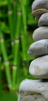 Stack of stones with green bamboo background for mobile wallpaper.