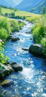 Serene stream flowing through lush green valley with colorful wildflowers.