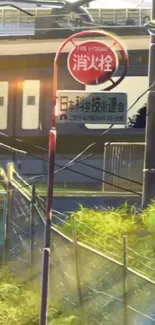 Anime street scene with greenery and signpost.