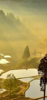 Golden sunrise landscape with reflective water.