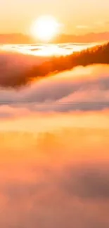 Serene sunrise casting warm light over fluffy clouds in tranquil landscape.