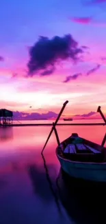 Tranquil boat on a sunset-lit purple lake.