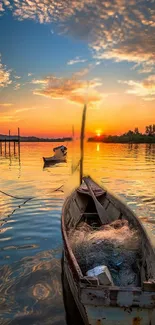 Stunning sunset over calm lake with a small boat in the foreground.