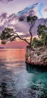 Scenic sunset over rocky coastline with vibrant sky.