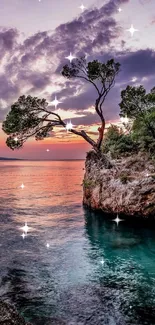 Island at sunset with vibrant sky over calm waters.