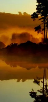 Serene sunset over a tranquil lake with silhouettes of trees.