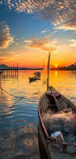 Tranquil sunset over a peaceful lake with boats and vibrant sky reflection.