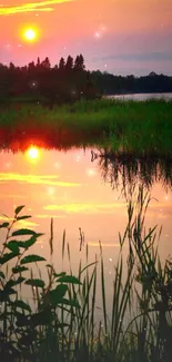 Peaceful lake view with vibrant sunset reflection and lush foreground.