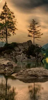 Tranquil landscape featuring a sunset lake with tree reflections.