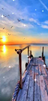 Serene sunset over a calm lake with sparkling effects and a wooden dock.