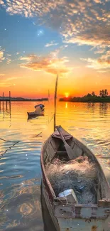 Serene sunset over a tranquil lake with a boat.