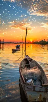 Sunset over a tranquil lake with boats reflecting vibrant golden hues.