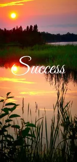 Peaceful sunset over a reflective lake with the word 'Success' overlay.