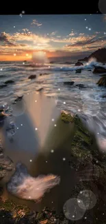 Tranquil sunset over ocean with rocky shoreline and gentle waves.