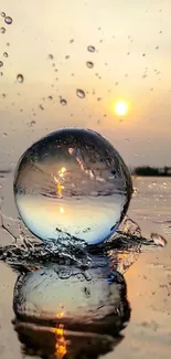 Glowing sunset reflected in a crystal sphere over water.