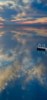 Serene sunset reflecting on lake with cloudy sky and a solitary boat.