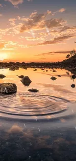 Serene sunset with reflections on a calm water surface and rocky foreground.