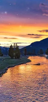 Tranquil river with vibrant sunset sky.