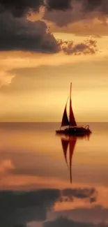 Silhouette of a sailboat against a golden sunset sky.