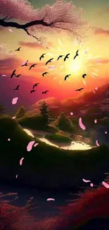 Mobile wallpaper with serene sunset, cherry blossoms, and flying birds.