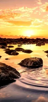 Golden sunset over rocky beach with calm water reflections.