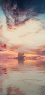 Serene sunset sky reflected on calm ocean waters, creating a tranquil scene.