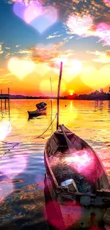 A tranquil sunset over water with boats and orange skies.